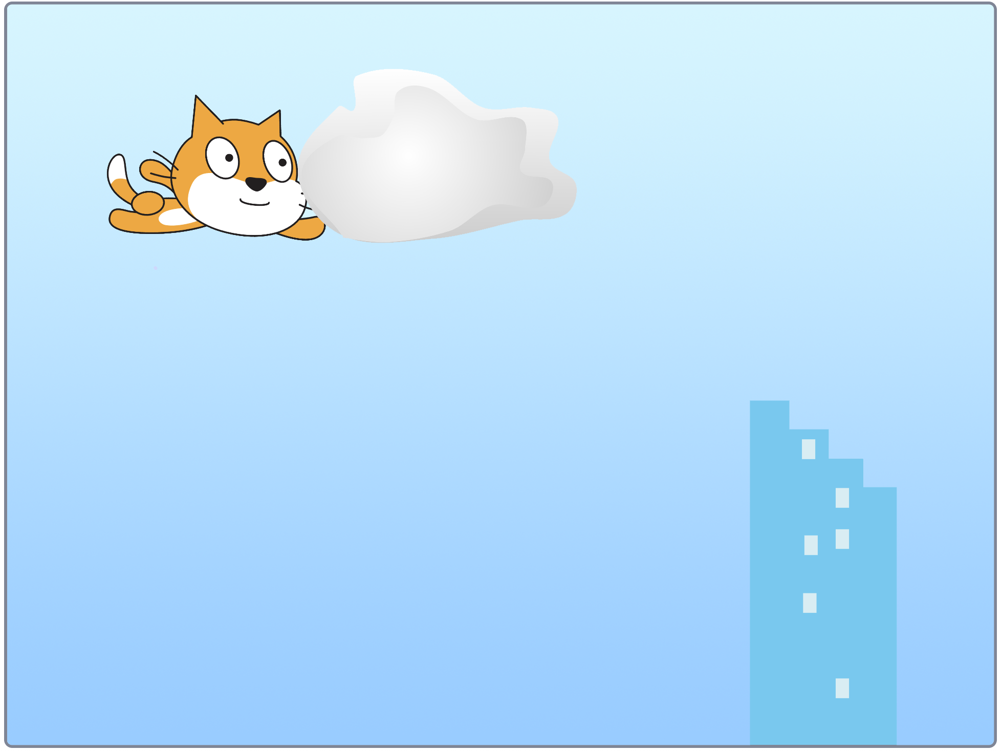 Screenshot Scratch: in einem selbst programmierten Spiel, fliegt eine Katze gegen ein Wolken-Hindernis