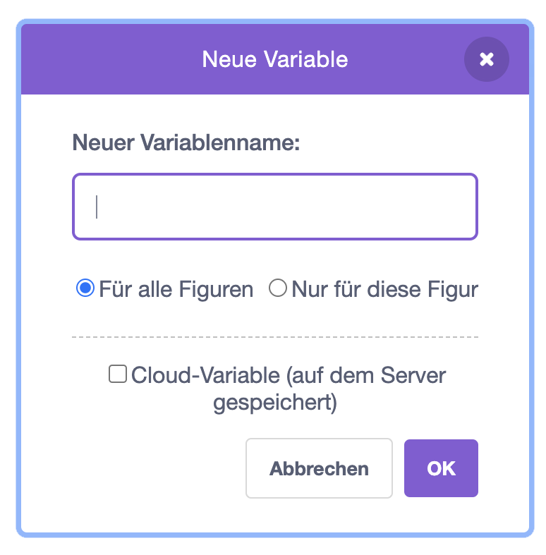 Scratch-Screenshot auf dem der "Neue Variable" Block abgebildet ist