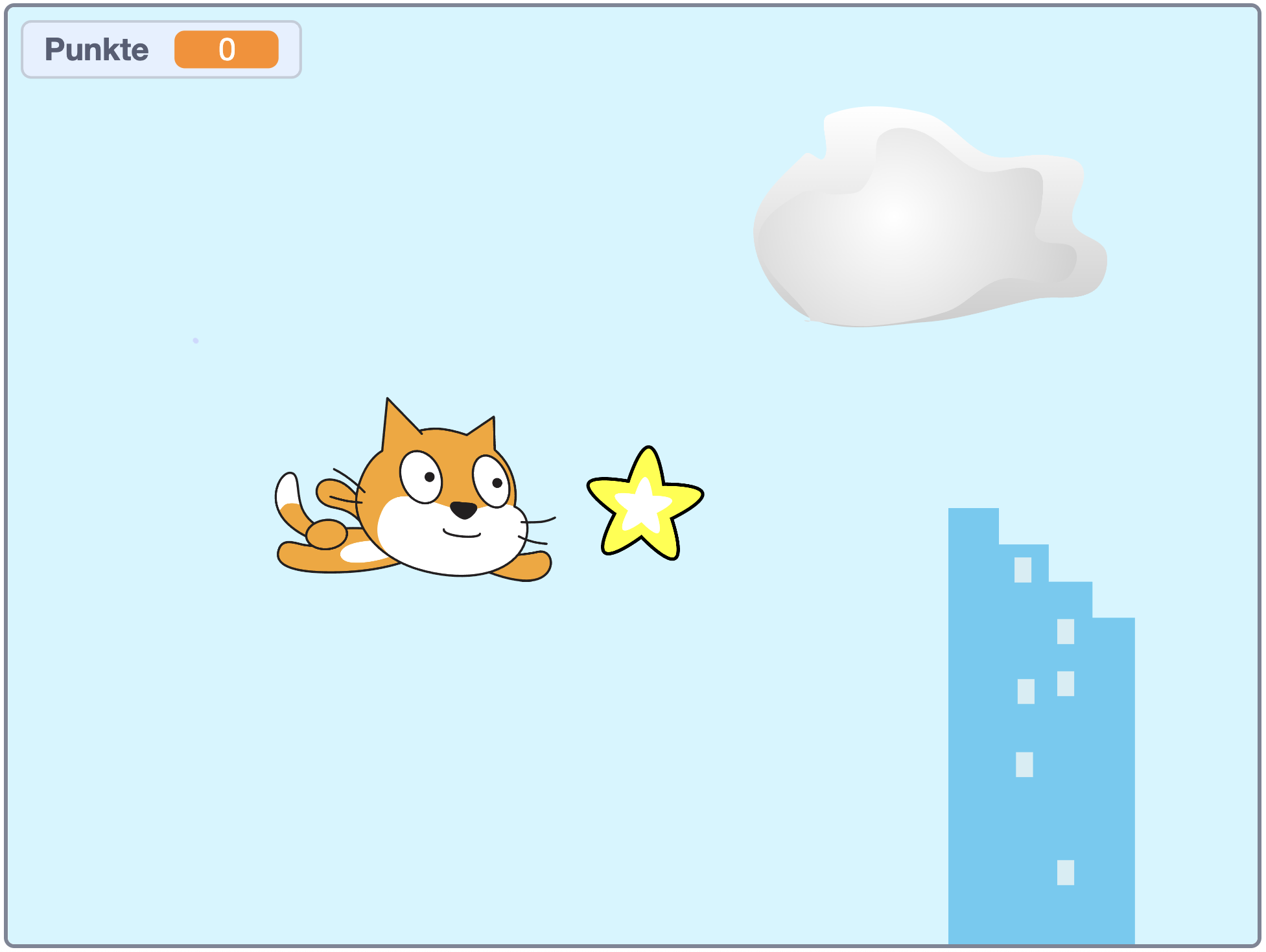 Scratch-Screenshot vom erstellten Flying Cat spiel, bei dem mit einer Katze Sterne (Punkte) gesammelt werden