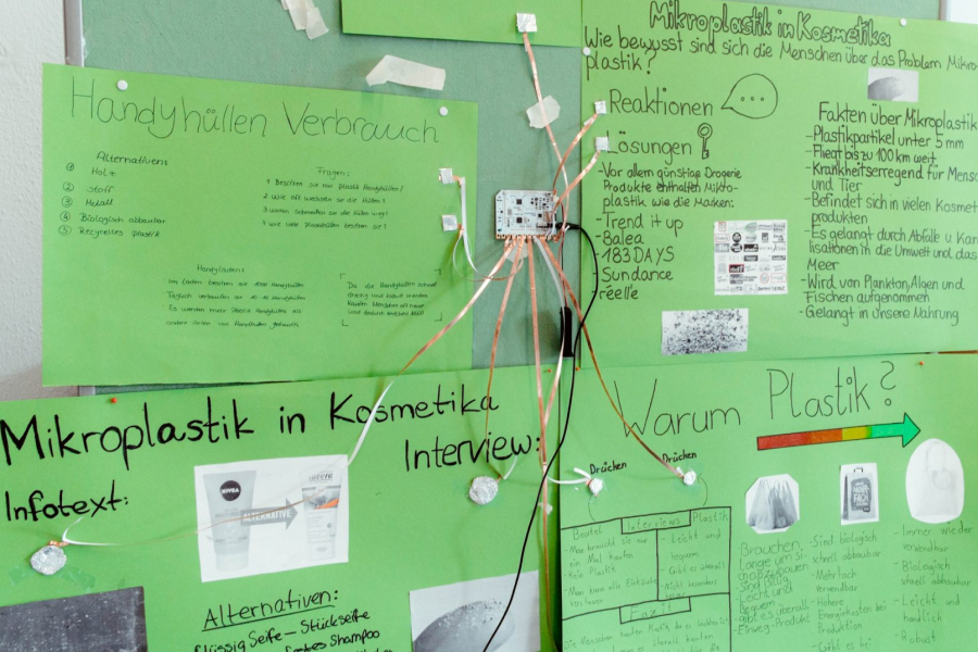 Verschiedene Plakate, die mit einem Touch Board durch Kabel verbunden sind