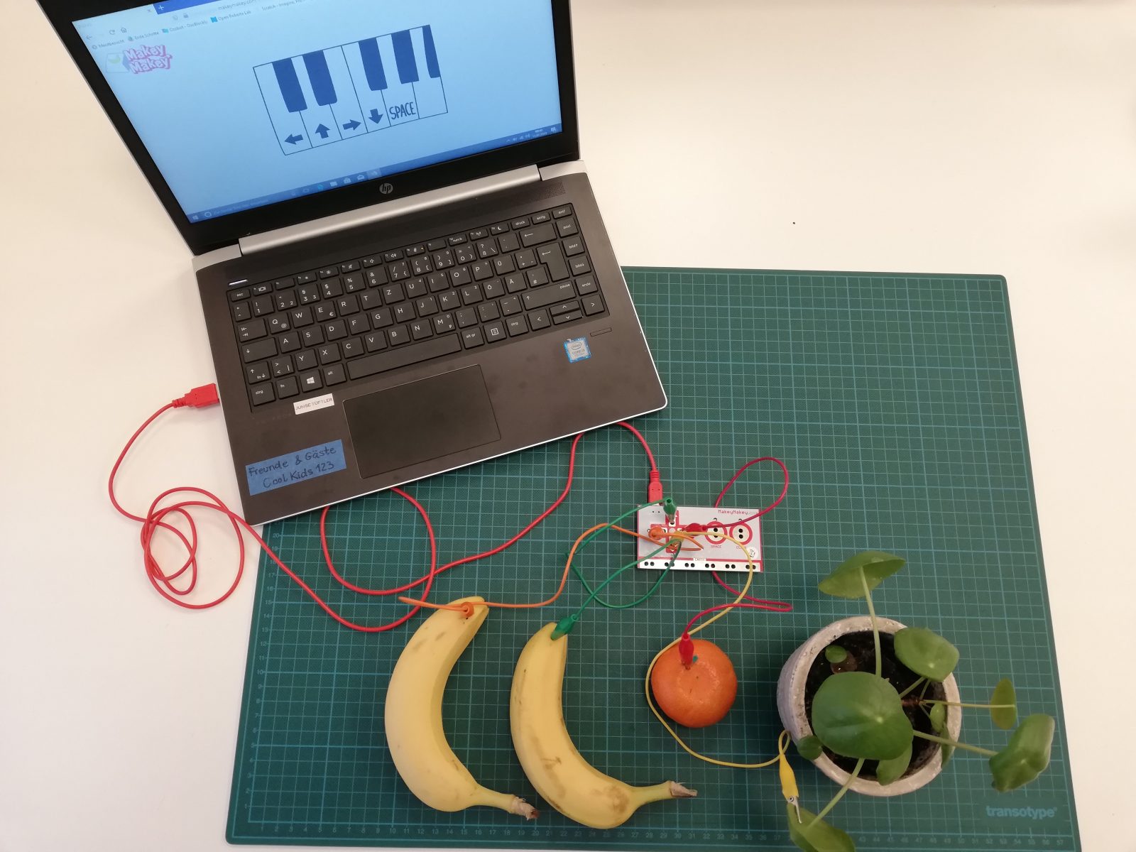 Der mit Obst verbundene Makey Makey ist per USB-Kabel am Computer angeschlossen