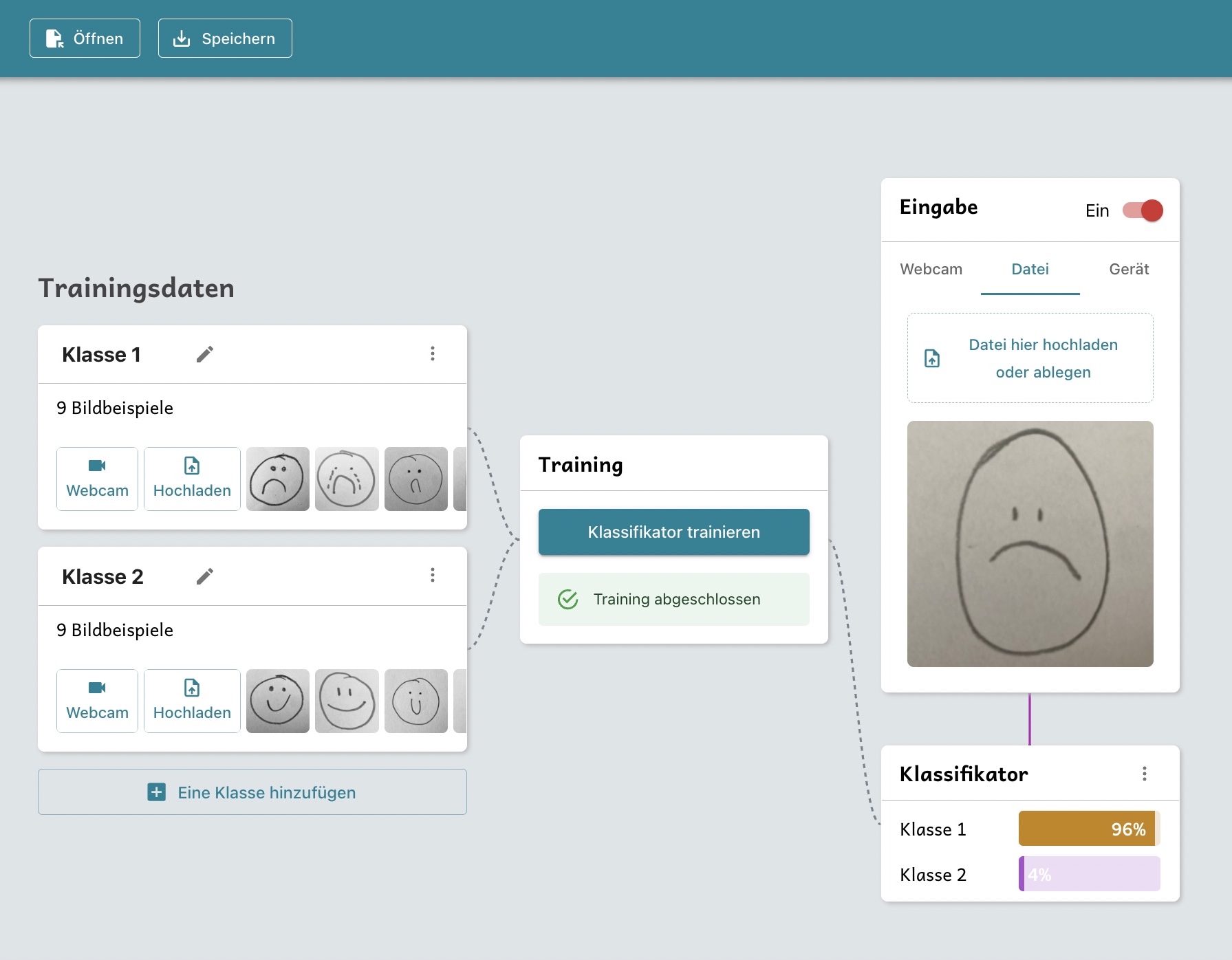 Screenshot: GenAI Teachable Machine mit Smiley Datensätzen