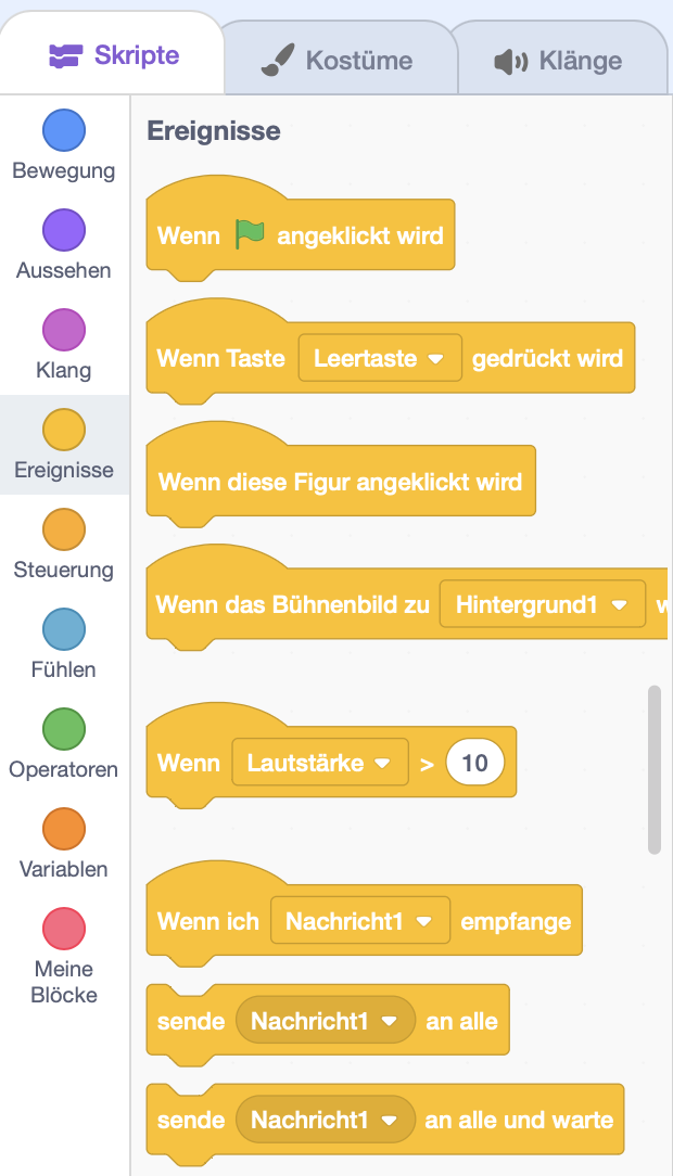 Screenshot Scratch: Ereignisse Kategorie ausgewählt