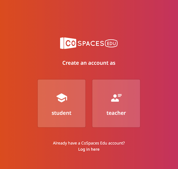 CoSpaces Screenshot: Auswahl: Schüler*in oder Lehrer*in