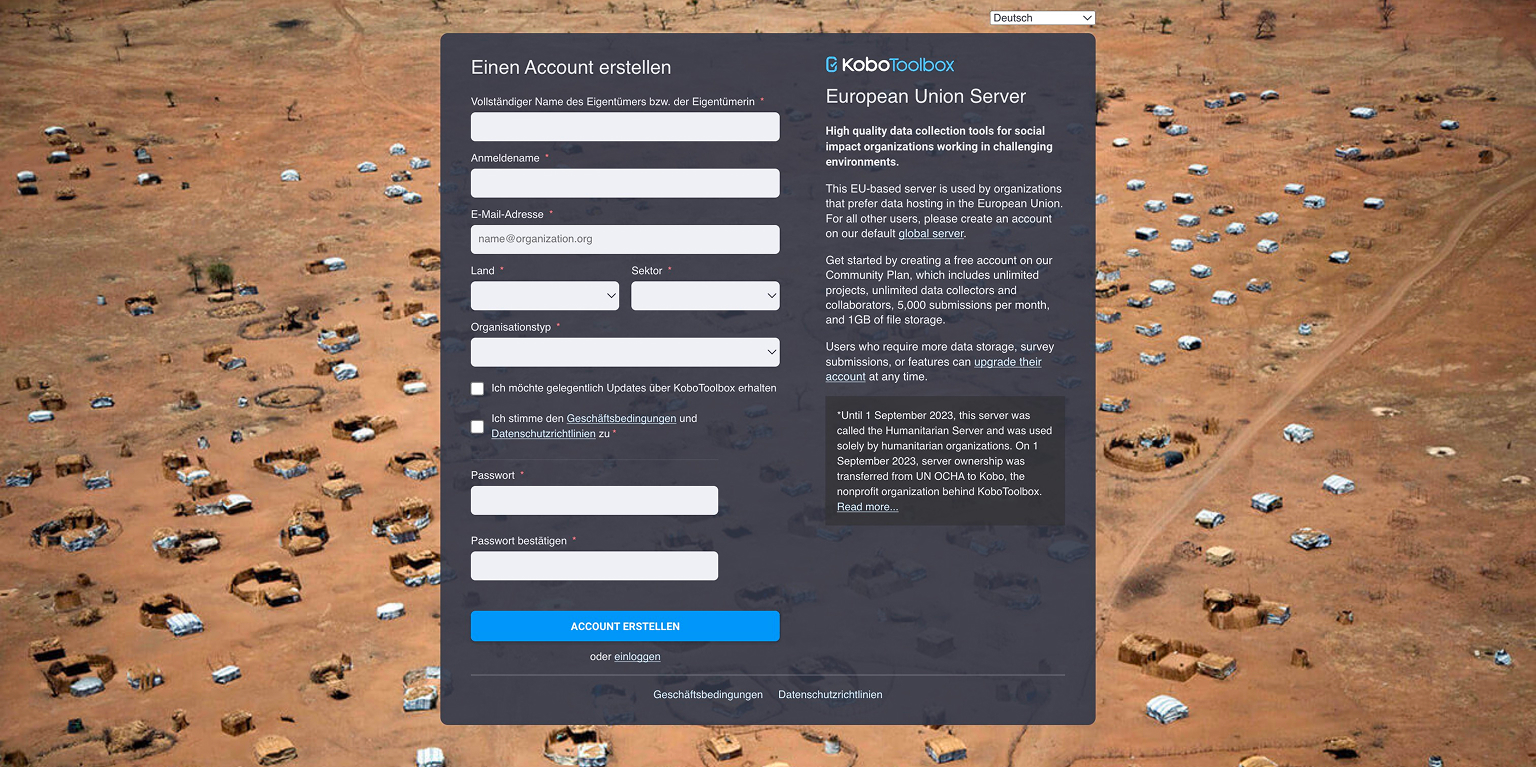 Das KoboToolbox Registrierungsformular mit Feldern für Name, Anmeldename, E-Mail, Land, Sektor, Organisationstyp und Passwort