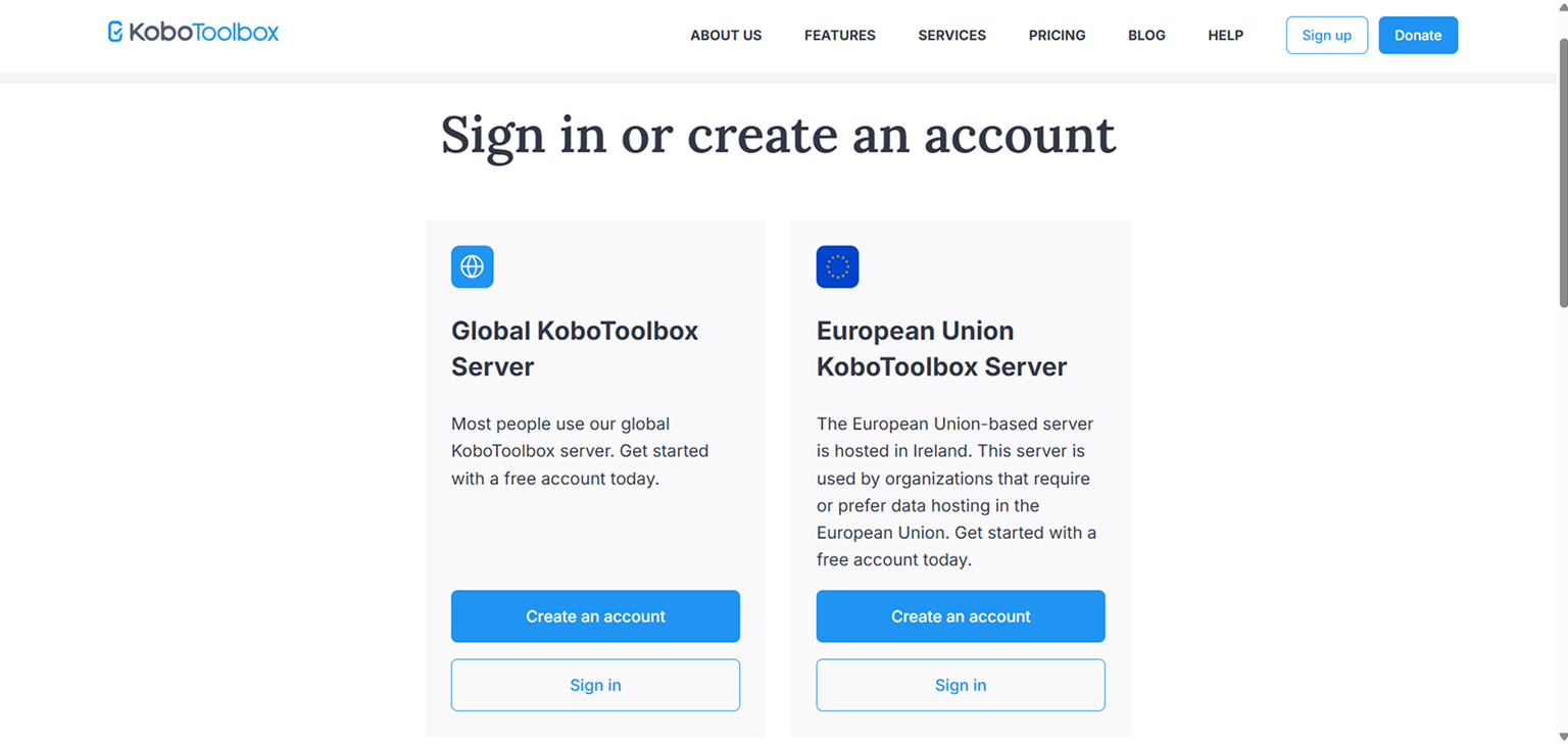 Zwei Optionen stehen zur Auswahl: Global KoboToolbox Server oder European Union KoboToolbox Server.