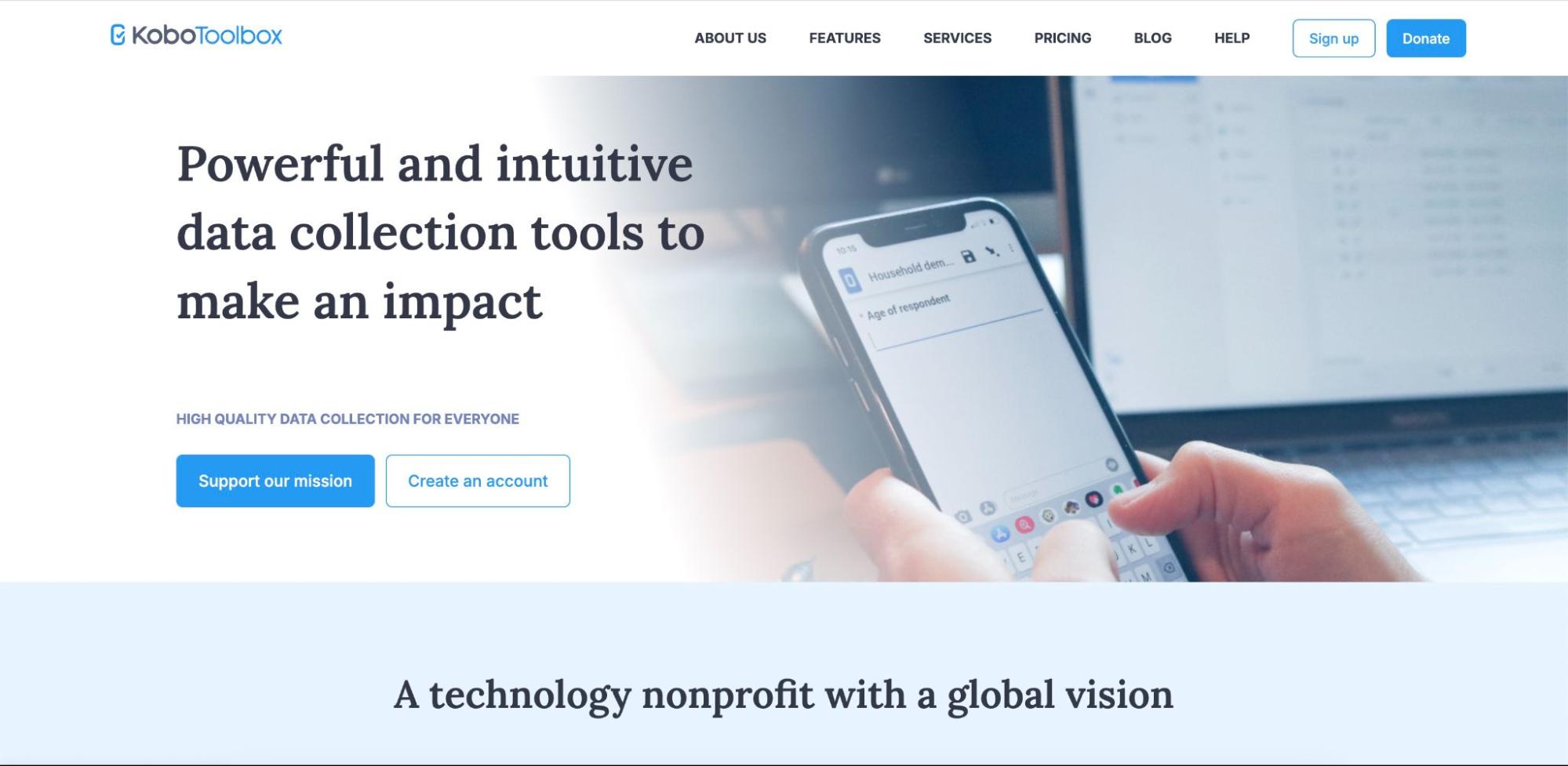 Die Startseite von KoboToolbox mit der Überschrift "Powerful and intuitive data collection tools to make an impact".