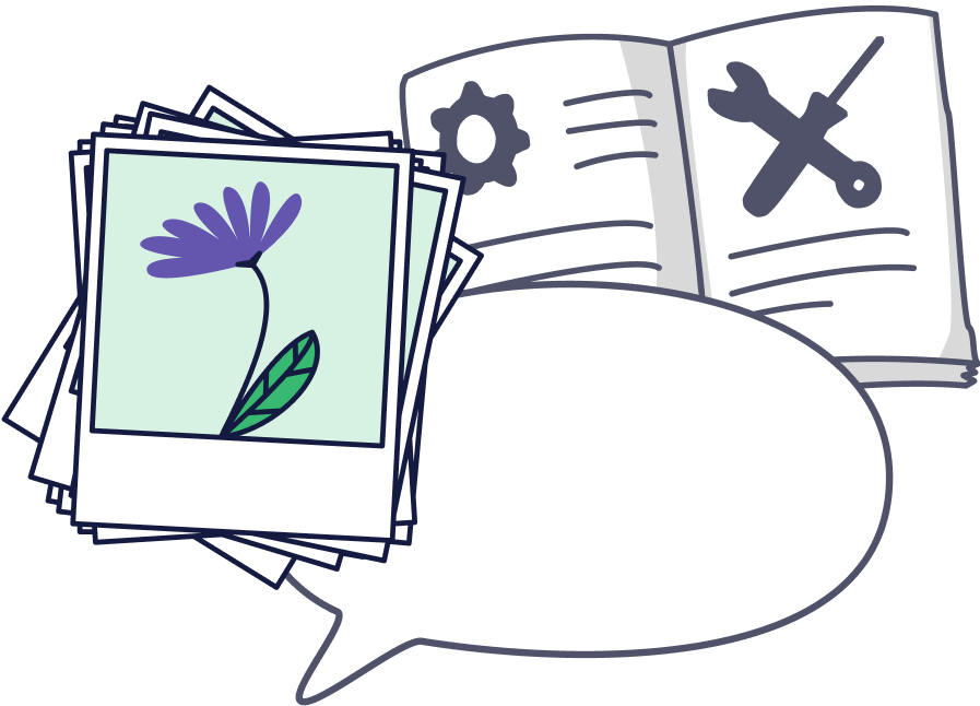 Illustration: Fotos, ein Buch, eine Sprechblase