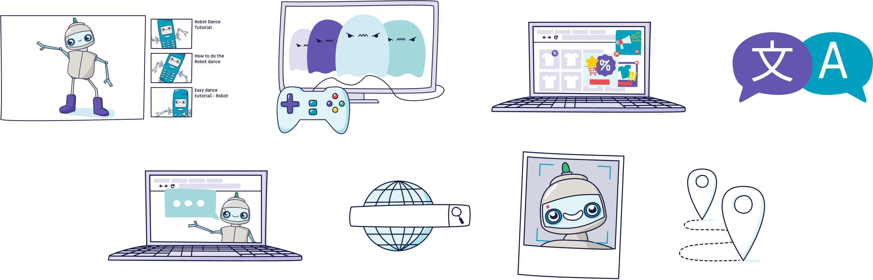 Illustrationen von den Einsatzbereichen von KI (Computer, Videospiele und Videos)
