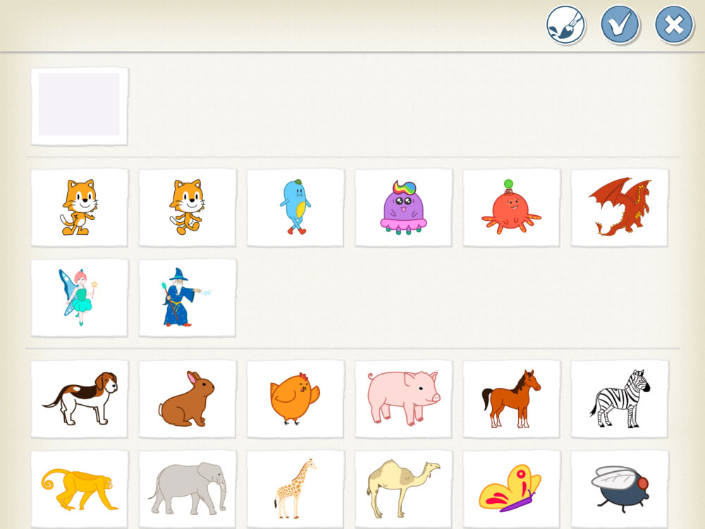 Screenshot: Figurenbibliothek von ScratchJr