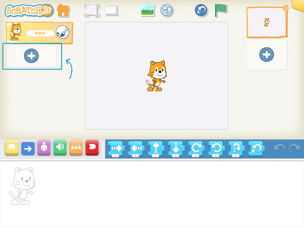 Screenshot von ScratchJr – der Button zur Figurenbibliothek ist hervorgehoben