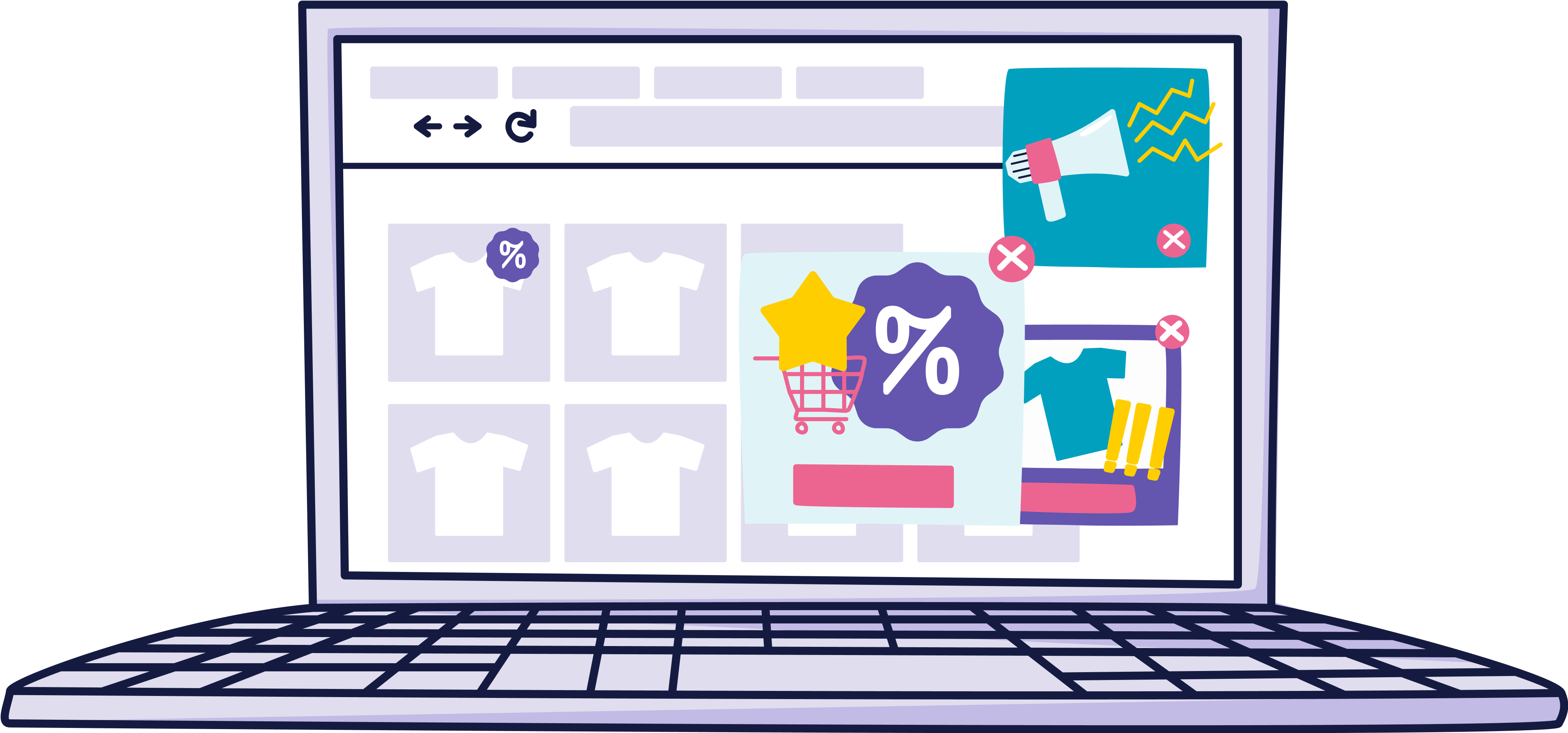 Illustration: ein Laptop, ein Onlineshop mit vielen geöffneten Pop-Ups