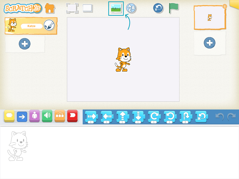 Screenshot von ScratchJr: Button zur Hintergrundbibliothek ist hervorgehoben