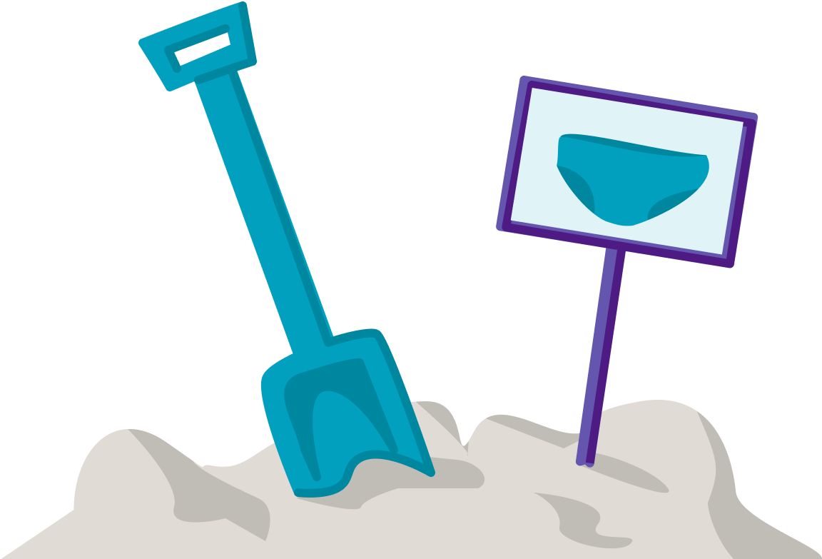 Illustration: Eine Schaufel auf einem Sandloch, daneben ein Schild, das eine Unterhose zeigt