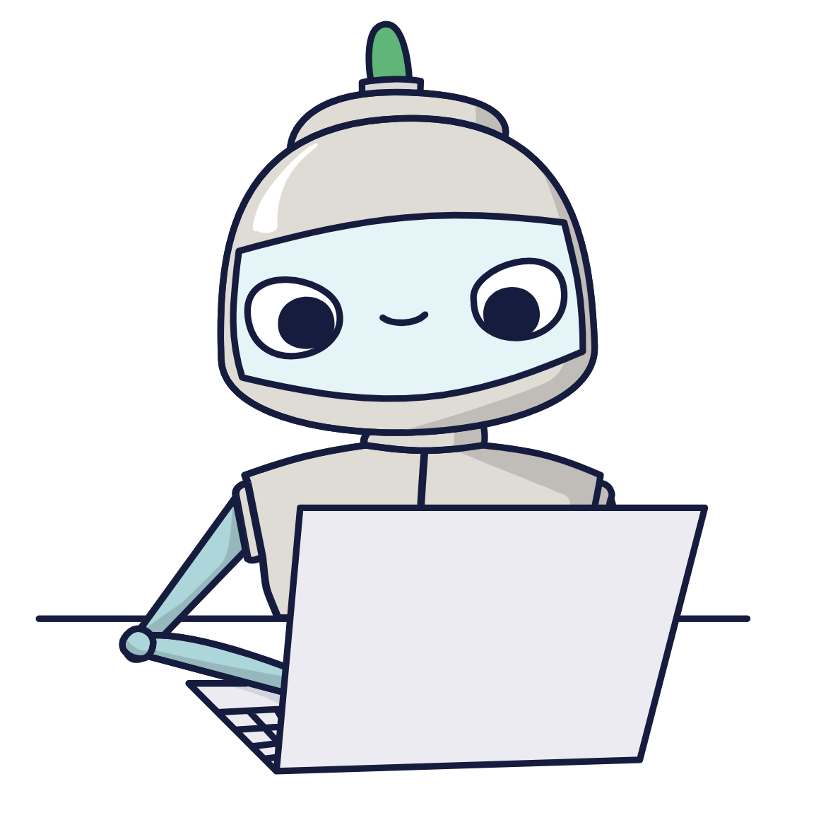 Illustration: Roboter sitzt an einem Laptop