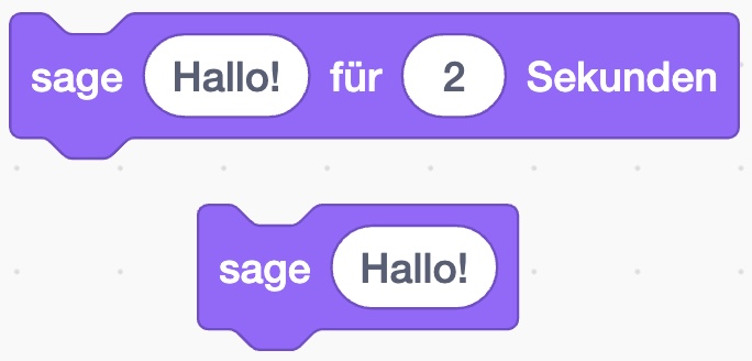 Scratch Befehle: „Sage Hallo! für 2 Sekunden", „Sage Hallo!"