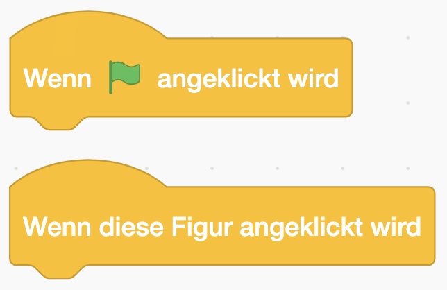 Scratch Start-Befehl: „Wenn Flagge angeklickt wird", „Wenn Figur angeklickt wird"