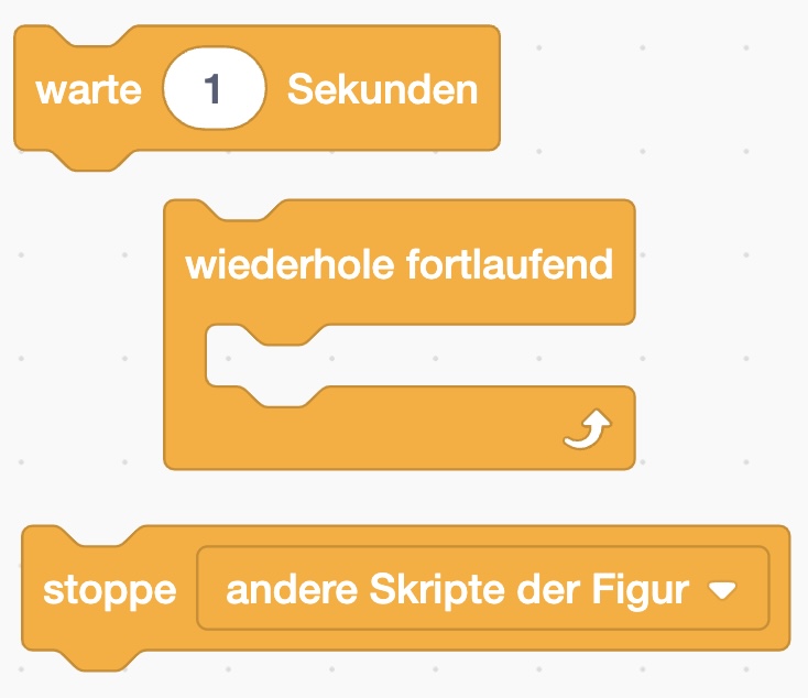 Scratch Befehle: „Warte 1 Sekunden", „Wiederhole fortlaufend", „stoppe andere Skripte der Figur"