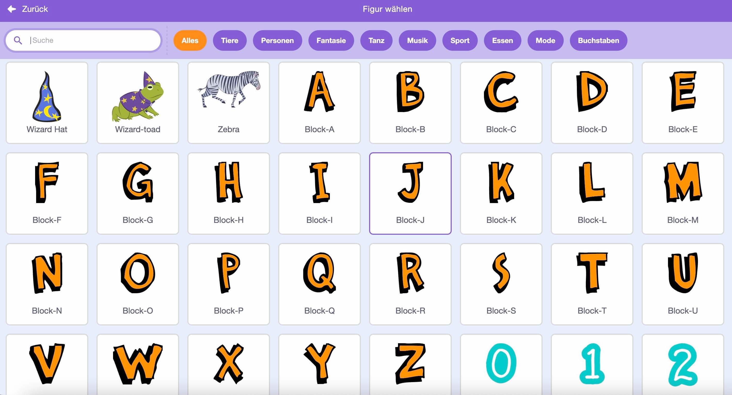 Screenshot Scratch: Figurenbibliothek, der Bustabe „J" ist ausgewählt