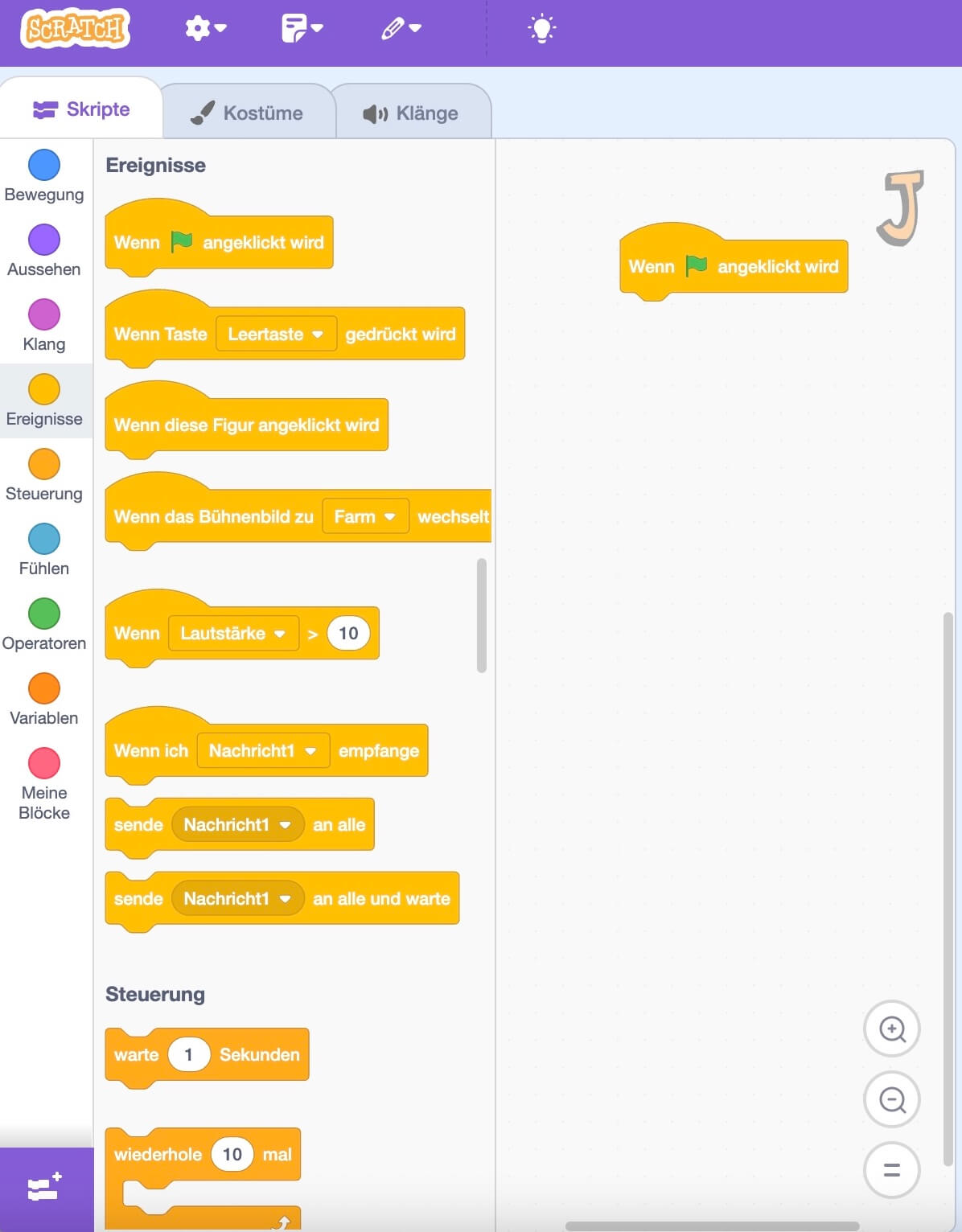 Screenshot Scratch: Start Befehl für den Bustaben „J" im Programmierfeld