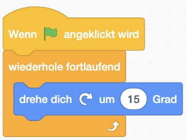 Screenshot Scratch: Startbefehl, Befehl „drehe dich um 15 Grad" und „wiederhole fortlaufend" für den Bustaben „J"