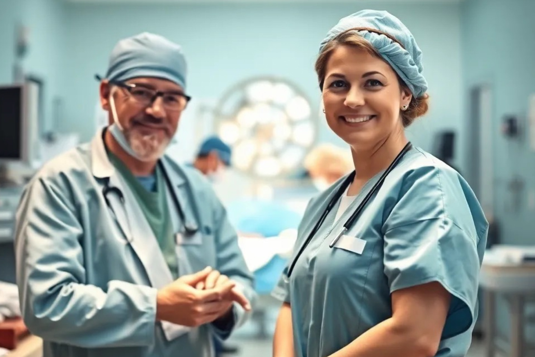 Bild ist mit Künstlicher Intelligenz generiert. Ein Arzt und eine Krankenpflegerin in einem Operationssaal.
