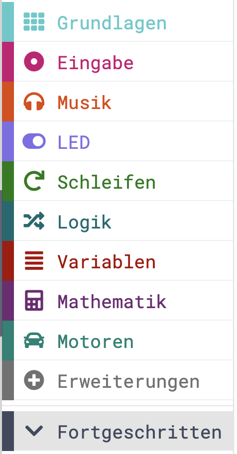 Übersicht der Kategorien in MakeCode