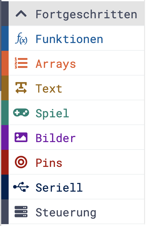 Übersicht der Kategorien in MakeCode für Fortgeschrittene