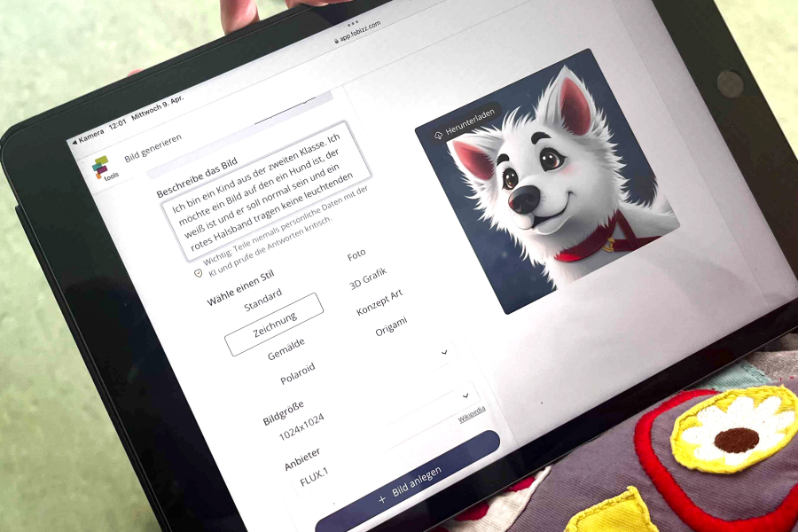 Eine KI App zum Generieren von Bildern: man sieht den Prompt, einige Optionen und das generierte Hundebild.