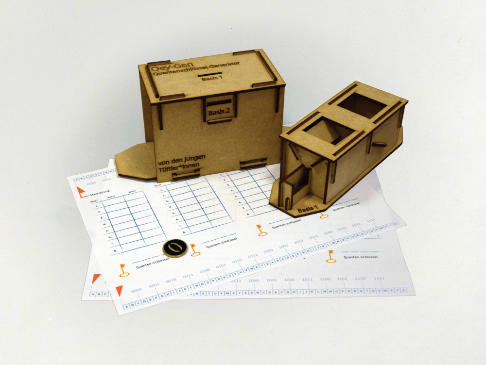 Eine QeyGen-Box, zwei Listenblätter und eine Holzmünze 