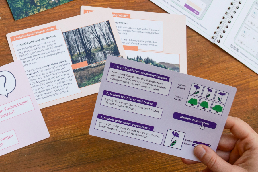 Eine Hand hält eine Karte mit Infos zum Trainieren eines KI-Modells. Im Hintergrund liegen weitere Karten auf einem Tisch.