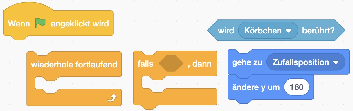 Screenshot: Die drei benötigten Befehle "falls__, dann", "wird Mauszeiger berührt", "gehe zu Zufallsposition"
