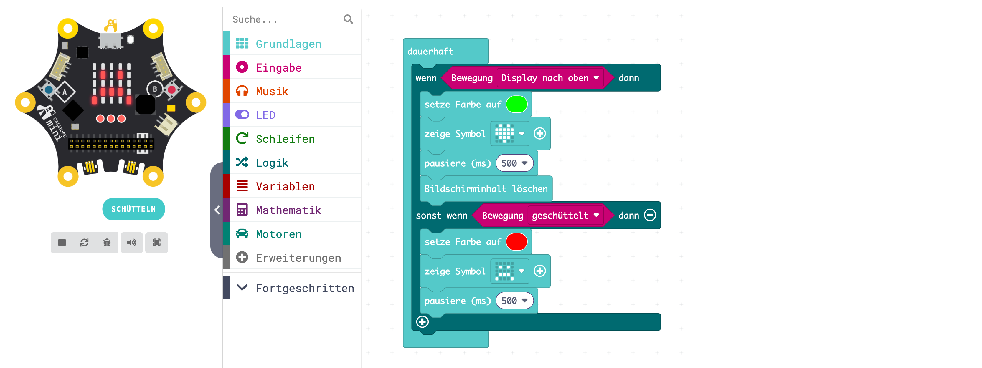 Programmierung und Simulation im Schüttelzustand in MakeCode