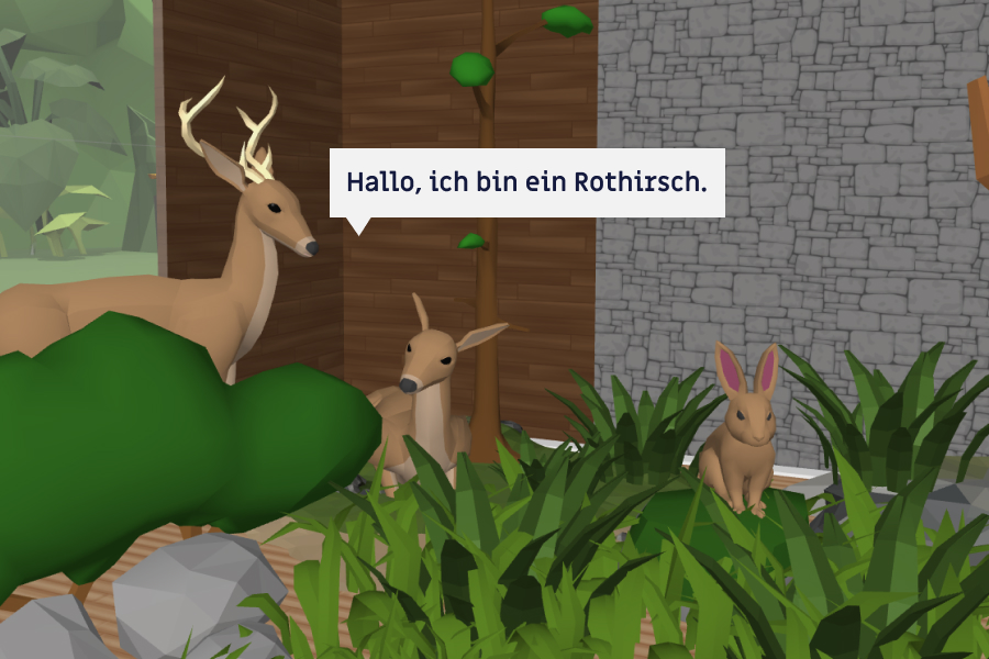 Screenshot CoSpaces: Links: Mensch steht im Wald. Rechts: Programmcode